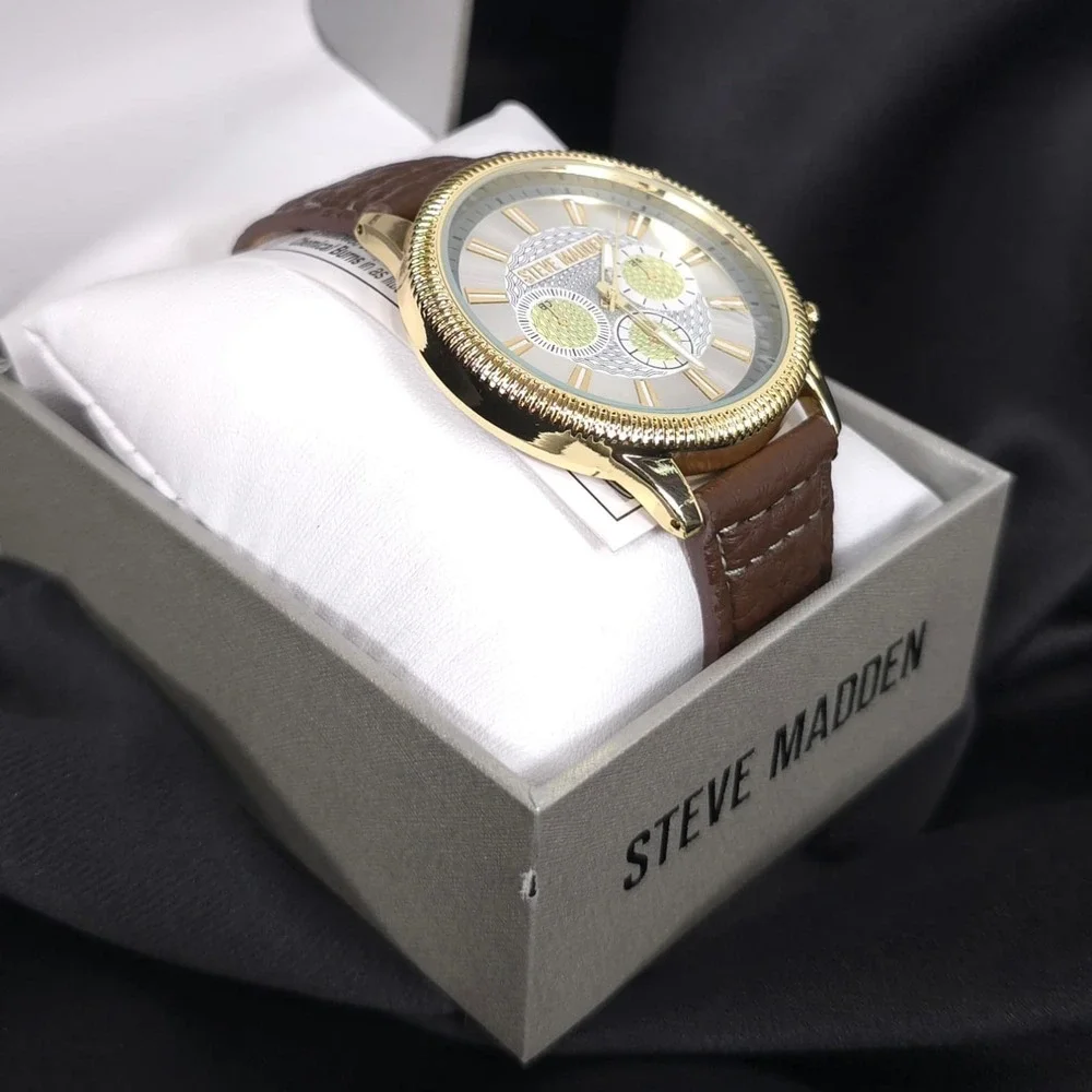 STEVE MADDEN New Men Watch Casual Brown Leather Gold ChRonograph SM-9192SVBN